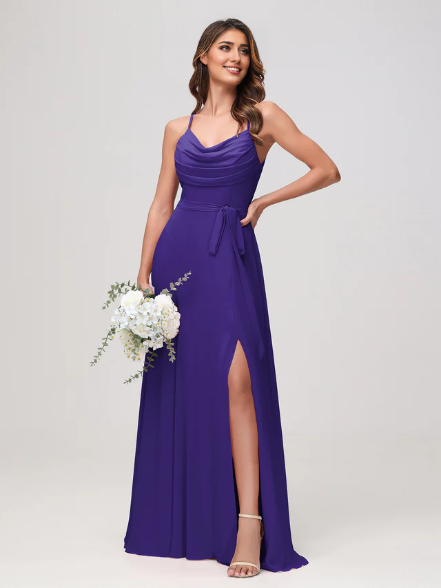 OKBBN sexy scarf collar pleated chiffon slit bridesmaid dress