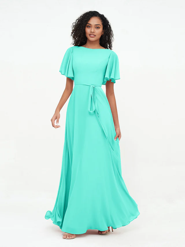 OKBBN elegant flowing sleeve chiffon bridesmaid dress
