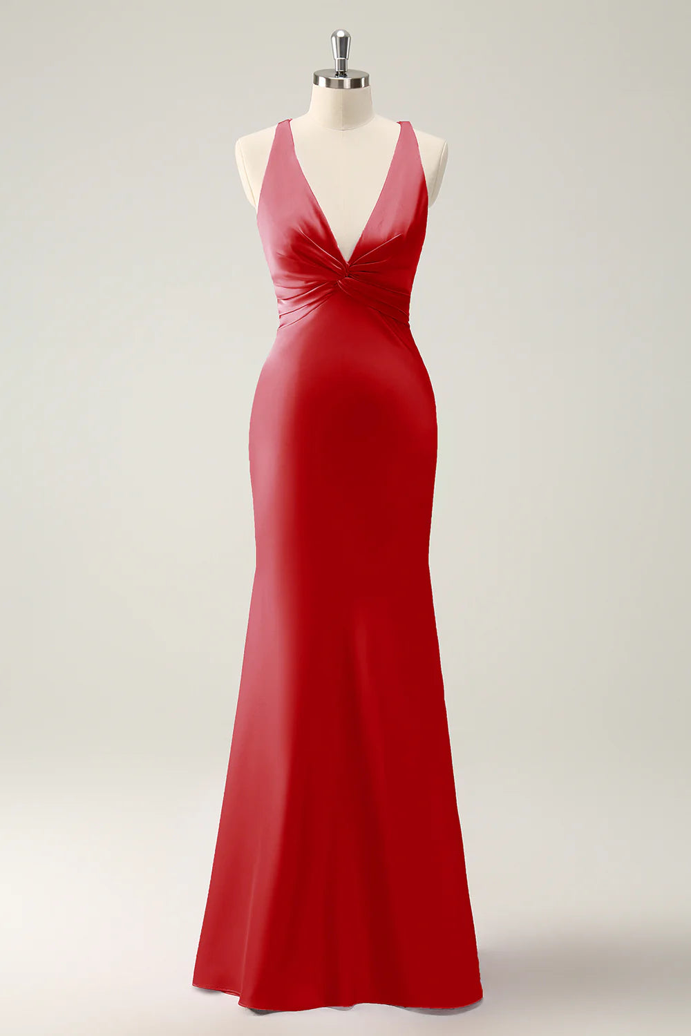 OKBBN Mermaid V-neck Satin Long Bridesmaid Dress