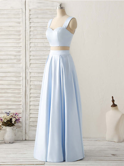 Two piece set of A-line blue satin sweet ball dress with floor mopping evening dress