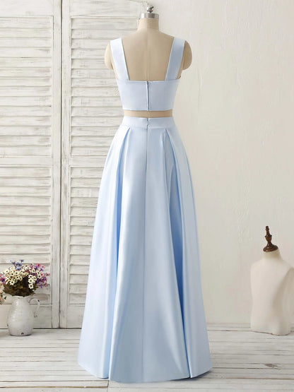 Two piece set of A-line blue satin sweet ball dress with floor mopping evening dress