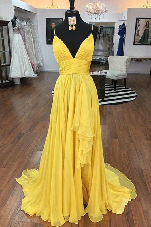 Simple yellow chiffon long prom dress yellow prom dress
