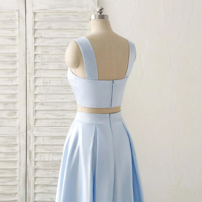 Two piece set of A-line blue satin sweet ball dress with floor mopping evening dress