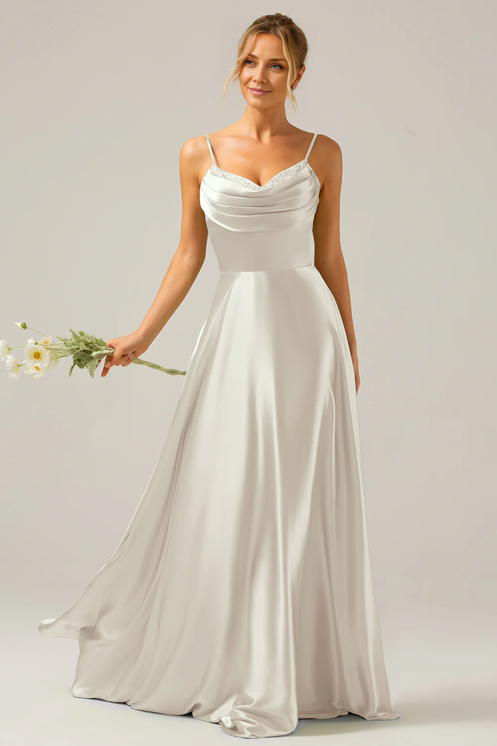 OKBBN A-line scarf collar satin long bridesmaid dress