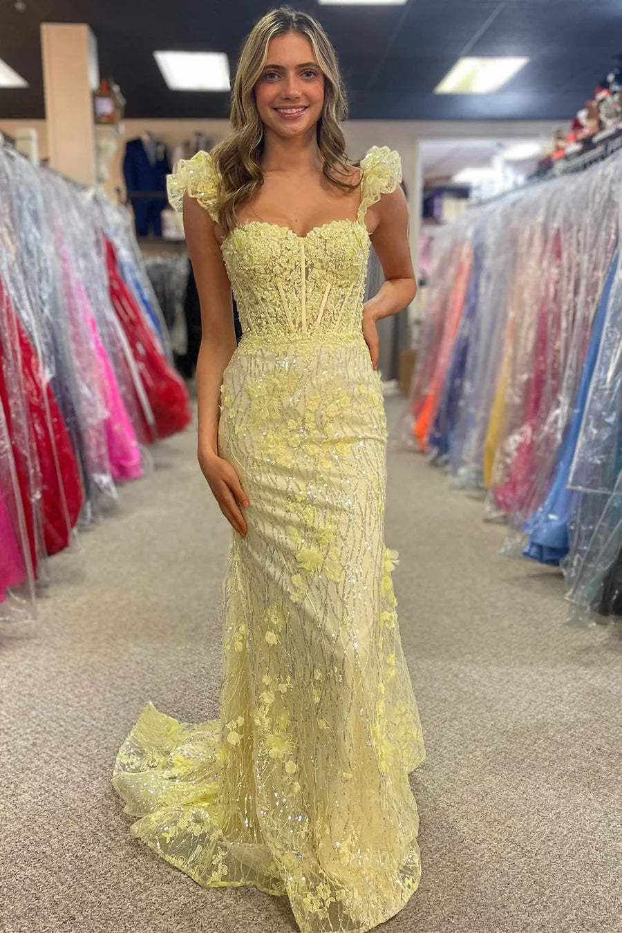Appliques Sweetheart Flutter Sleeve Mermaid Long Prom Dress