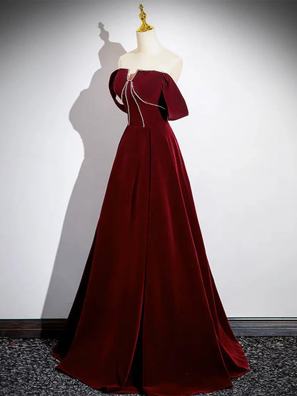 A-Line Velvet Burgundy Long Evening Dress Burgundy Long Formal Dress