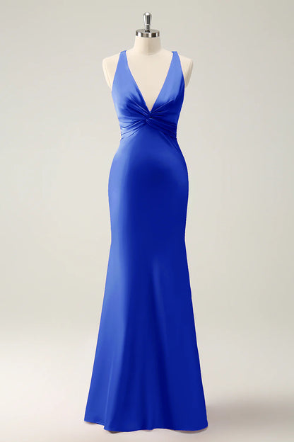 OKBBN Mermaid V-neck Satin Long Bridesmaid Dress