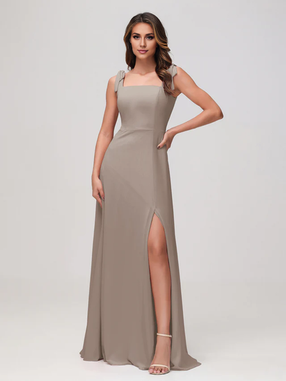 OKBBN square neckline sleeveless and floor chiffon bridesmaid dress