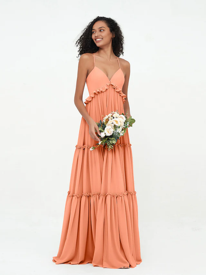 OKBBN chiffon thin shoulder strap layered sleeveless bridesmaid dress