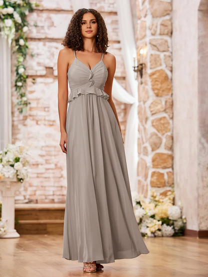 OKBBN slim shoulder strap A-line chiffon bridesmaid dress