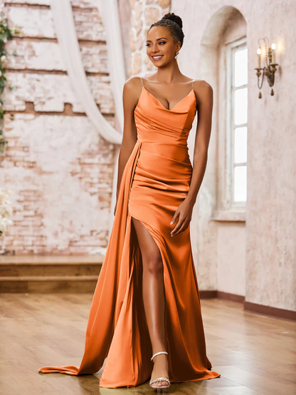 OKBBN tight slim shoulder strap soft satin sexy slit bridesmaid dress