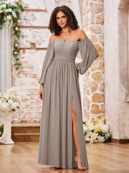 OKBBN off shoulder long sleeved chiffon split bridesmaid dress