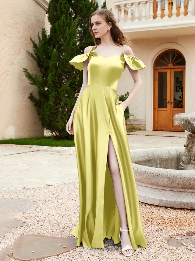 OKBBN Elegant Off Shoulder Satin Bridesmaid Dress