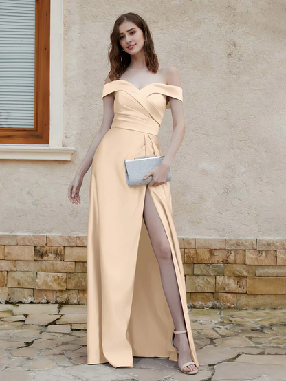 OKBBN Elegant Off Shoulder Satin Split Bridesmaid Dress