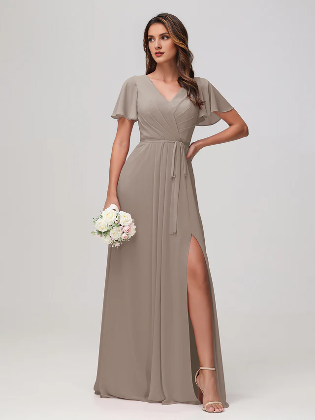 OKBBN pleated chiffon bridesmaid dress with flowing sleeves