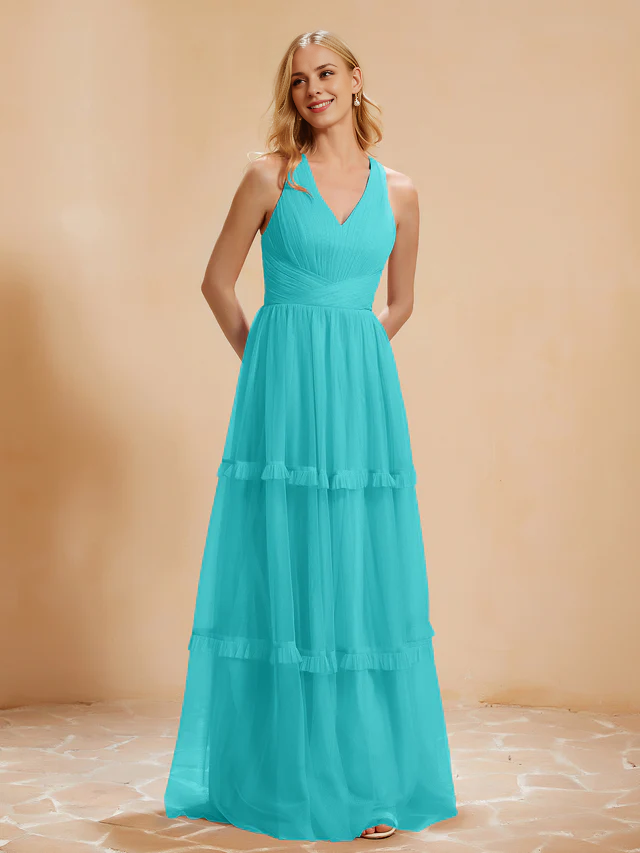OKBBN V-neck pleated ruffle and ground chiffon bridesmaid dress