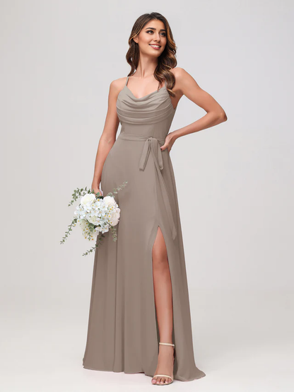 OKBBN sexy scarf collar pleated chiffon slit bridesmaid dress