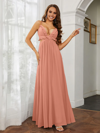 OKBBN thin shoulder strap ruffle edge chiffon hollow out ultra long sexy bridesmaid dress