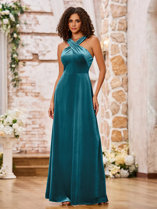 OKBBN Velvet Sleeveless Long Bridesmaid Dress