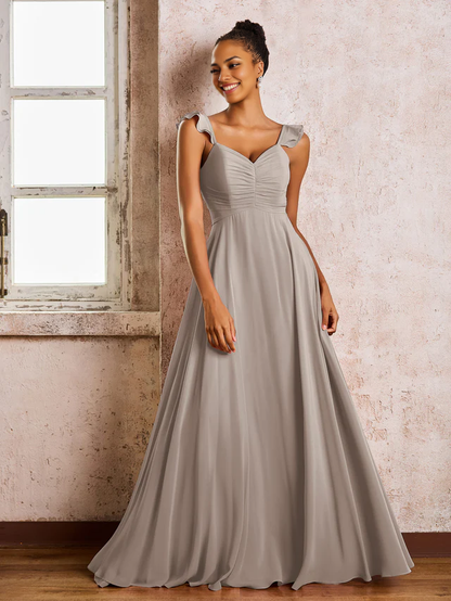 OKBBN pleated shoulder strap sleeveless A-line chiffon bridesmaid dress
