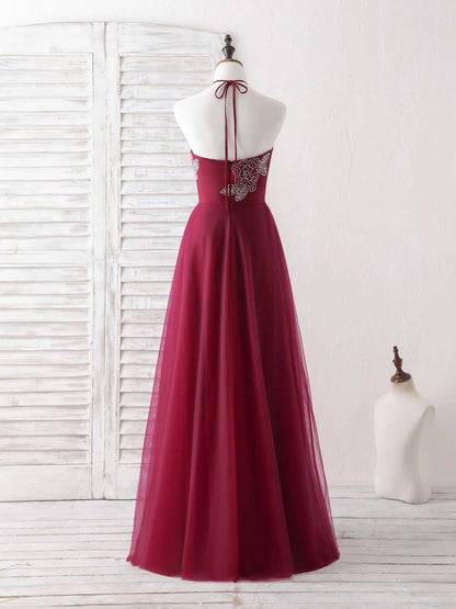 Tulle Beads Long Prom Dress Burgundy Evening Dress