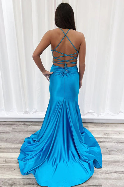 V-Neck Lace-Up Trumpet Long Formal Dress
