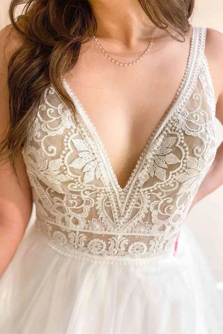 Lace V-Neck Backless A-Line Tulle Bridal Gown