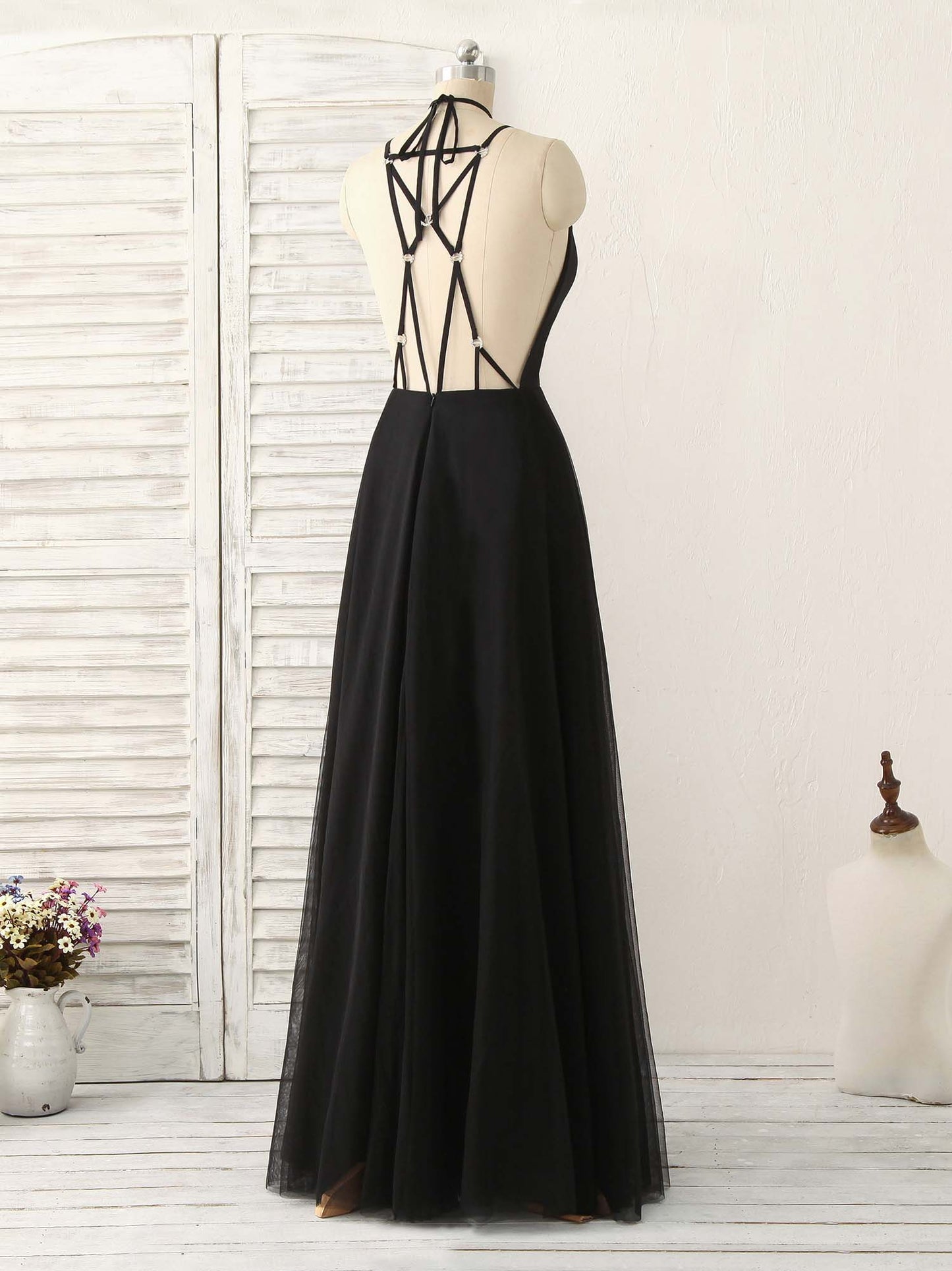 Tulle Backless Long Prom Dress Black Evening Dress