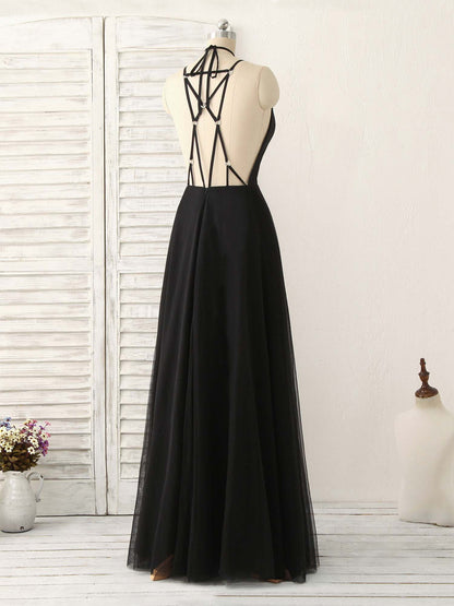 Tulle Backless Long Prom Dress Black Evening Dress