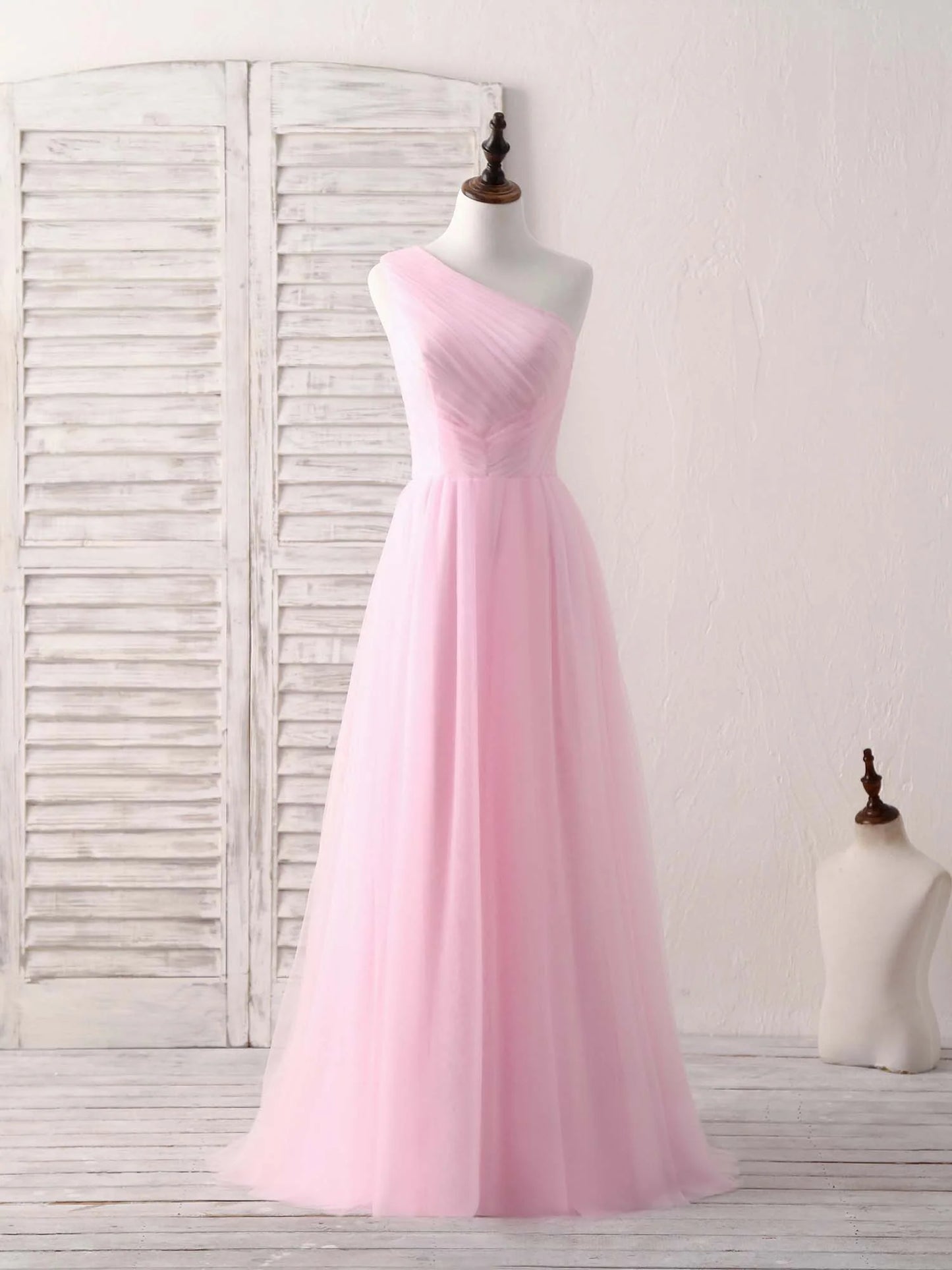 Tulle One Shoulder Long Prom Dress Pink Bridesmaid Dress