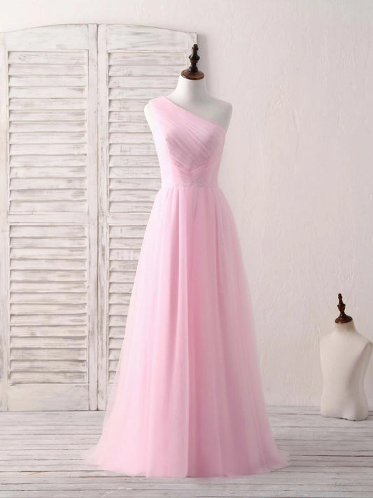 Tulle One Shoulder Long Prom Dress Pink Bridesmaid Dress