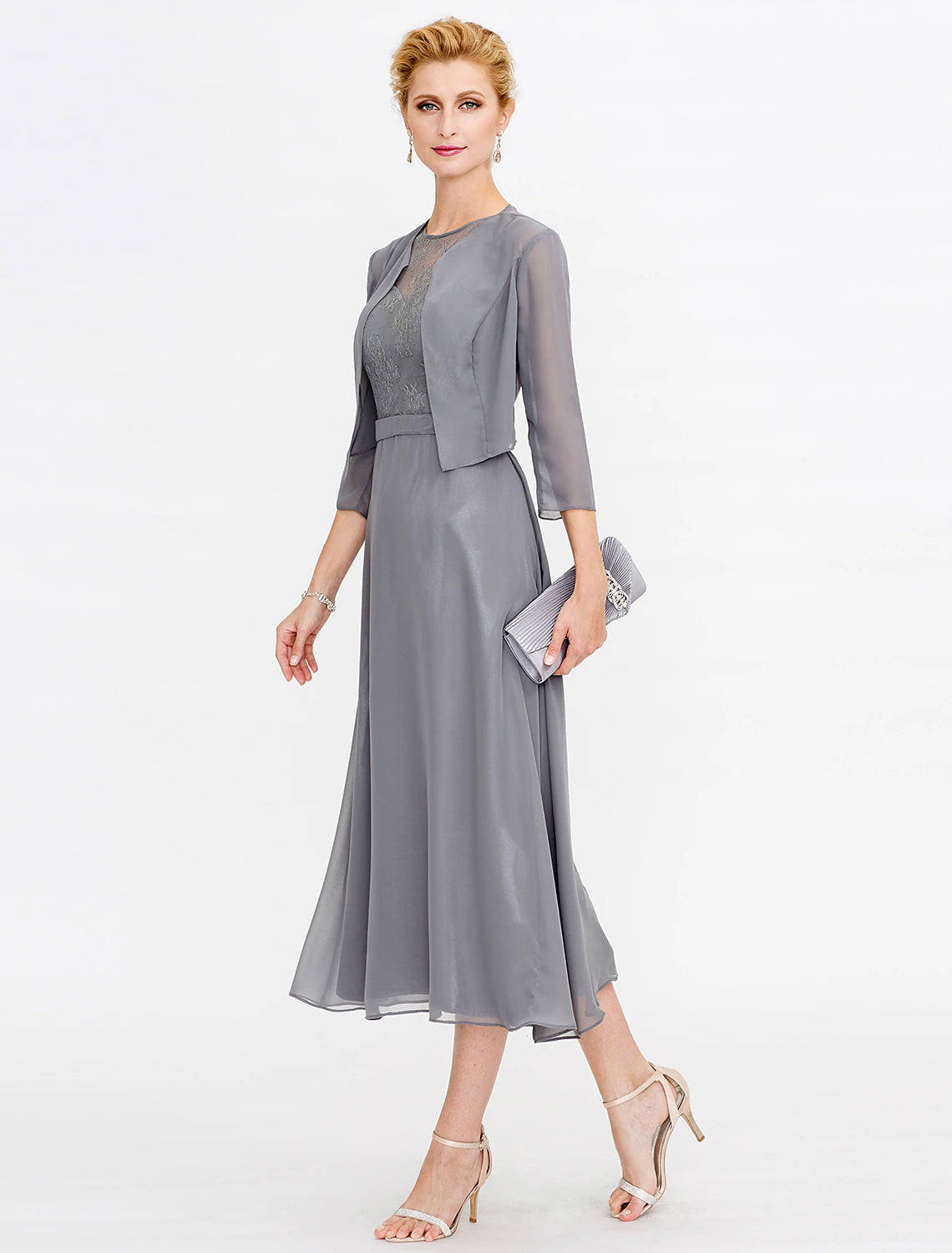 A-Line Mother of the Bride Dress Wedding Guest Elegant Plus Size Illusion Neck Tea Length Chiffon Corded Lace Sleeveless Wrap Included with Lace Pleats
