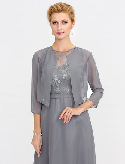 A-Line Mother of the Bride Dress Wedding Guest Elegant Plus Size Illusion Neck Tea Length Chiffon Corded Lace Sleeveless Wrap Included with Lace Pleats