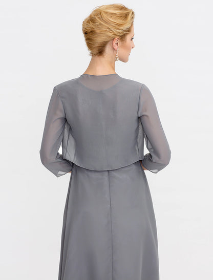 A-Line Mother of the Bride Dress Wedding Guest Elegant Plus Size Illusion Neck Tea Length Chiffon Corded Lace Sleeveless Wrap Included with Lace Pleats