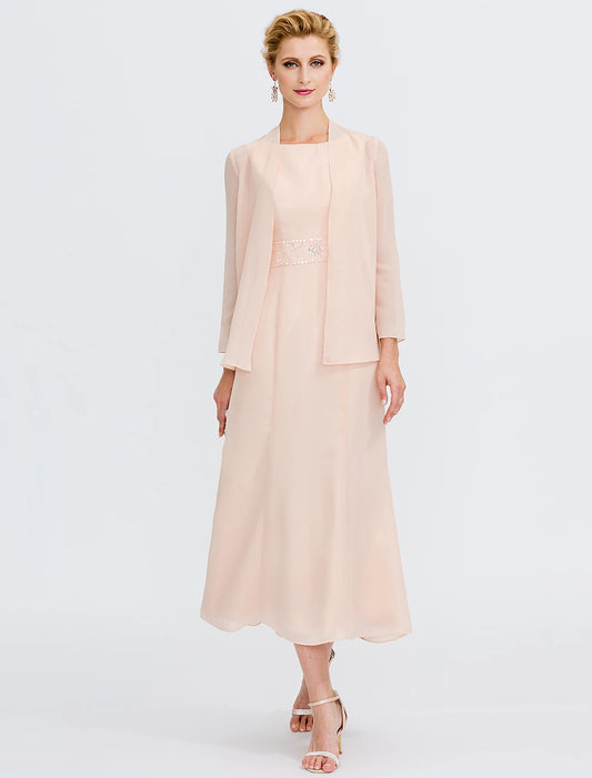 Two Piece Sheath / Column Mother of the Bride Dress Wedding Guest Elegant Plus Size Jewel Neck Tea Length Chiffon Sleeveless Wrap Included with Sash / Ribbon Pleats Beading