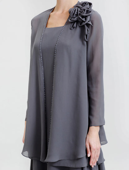 A-Line Mother of the Bride Dress Formal Floral Convertible Dress Scoop Neck Floor Length Chiffon Long Sleeve Wrap Included with Beading Flower Tiered