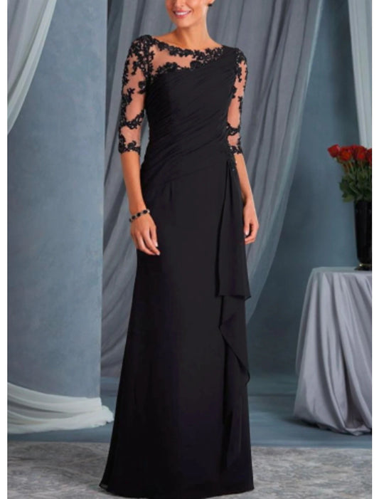 A-Line Mother of the Bride Dress Wedding Guest Plus Size Bateau Neck Floor Length Chiffon Lace Half Sleeve with Draping Appliques