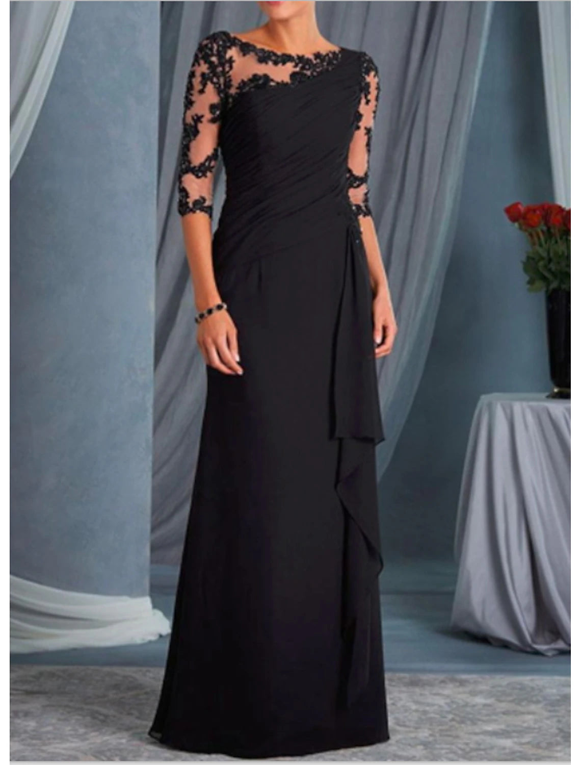 A-Line Mother of the Bride Dress Wedding Guest Plus Size Bateau Neck Floor Length Chiffon Lace Half Sleeve with Draping Appliques