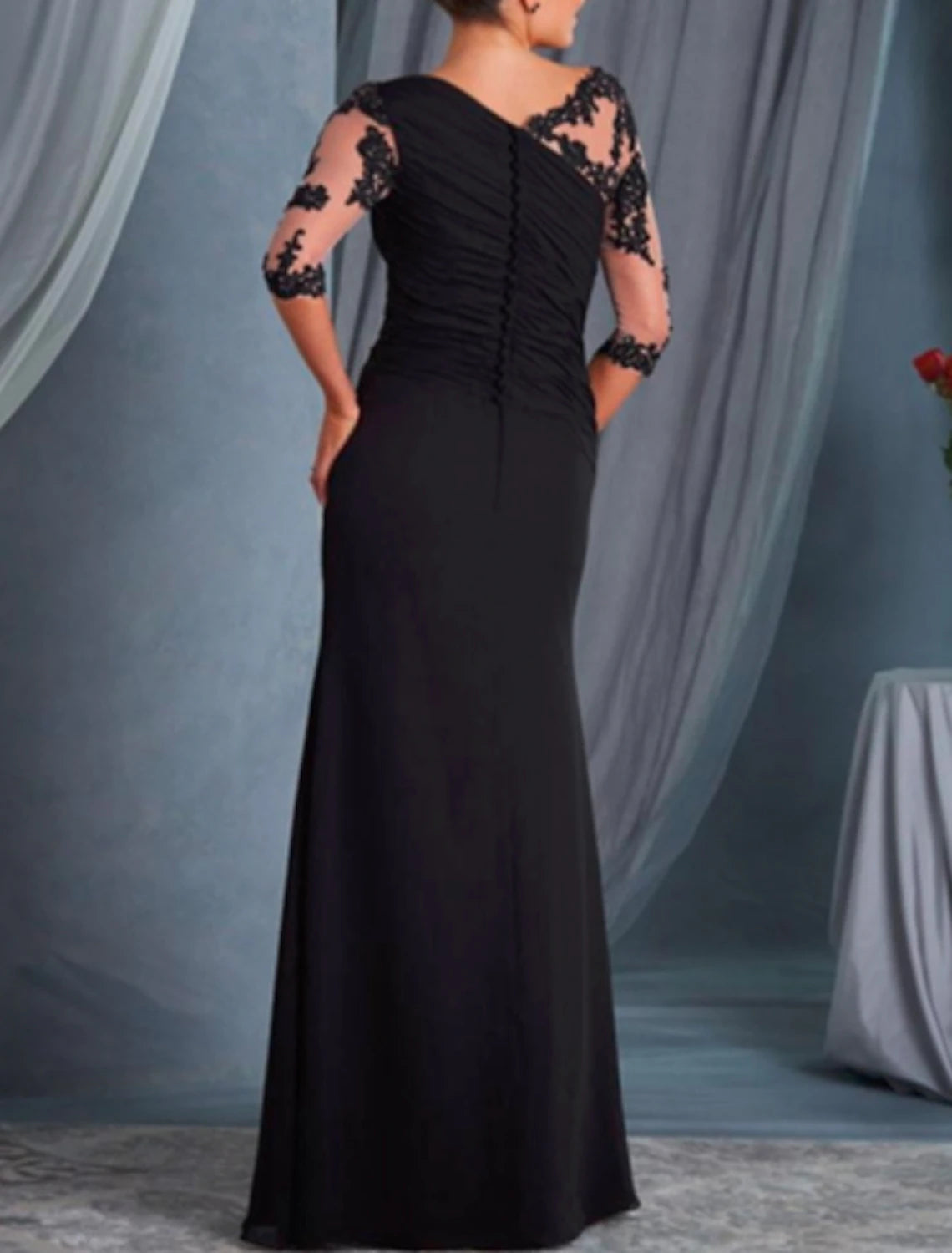 A-Line Mother of the Bride Dress Wedding Guest Plus Size Bateau Neck Floor Length Chiffon Lace Half Sleeve with Draping Appliques