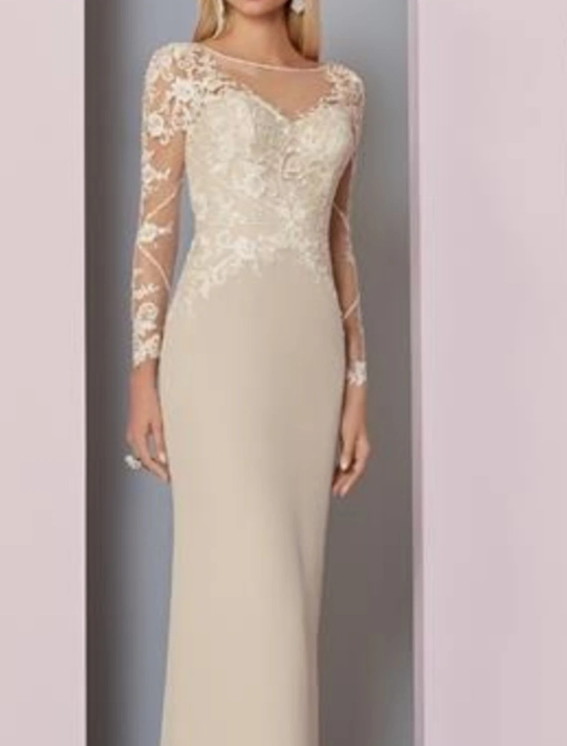 Sheath / Column Mother of the Bride Dress Wedding Guest Elegant See Through Jewel Neck Floor Length Chiffon Lace Long Sleeve with Appliques