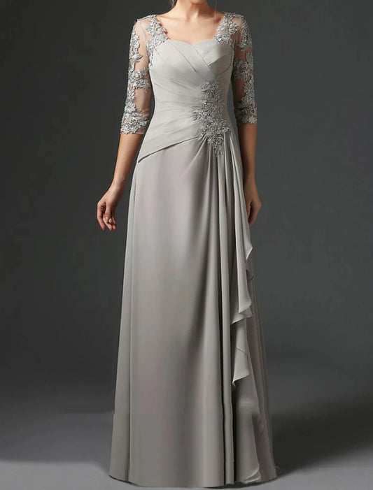 Sheath / Column Mother of the Bride Dress Wedding Guest Elegant Square Neck Floor Length Chiffon Lace Half Sleeve with Ruching