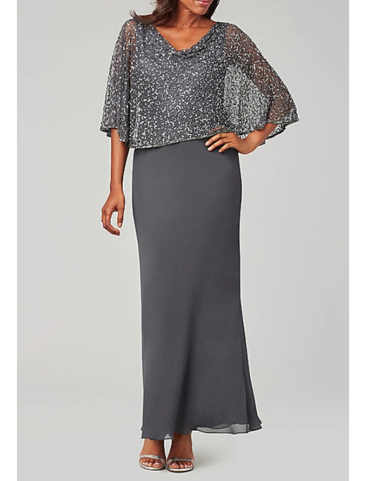 Sheath Mother of the Bride Dress Cape Dress Elegant V Neck Floor Length Chiffon Long Sleeve with Beading Sequin
