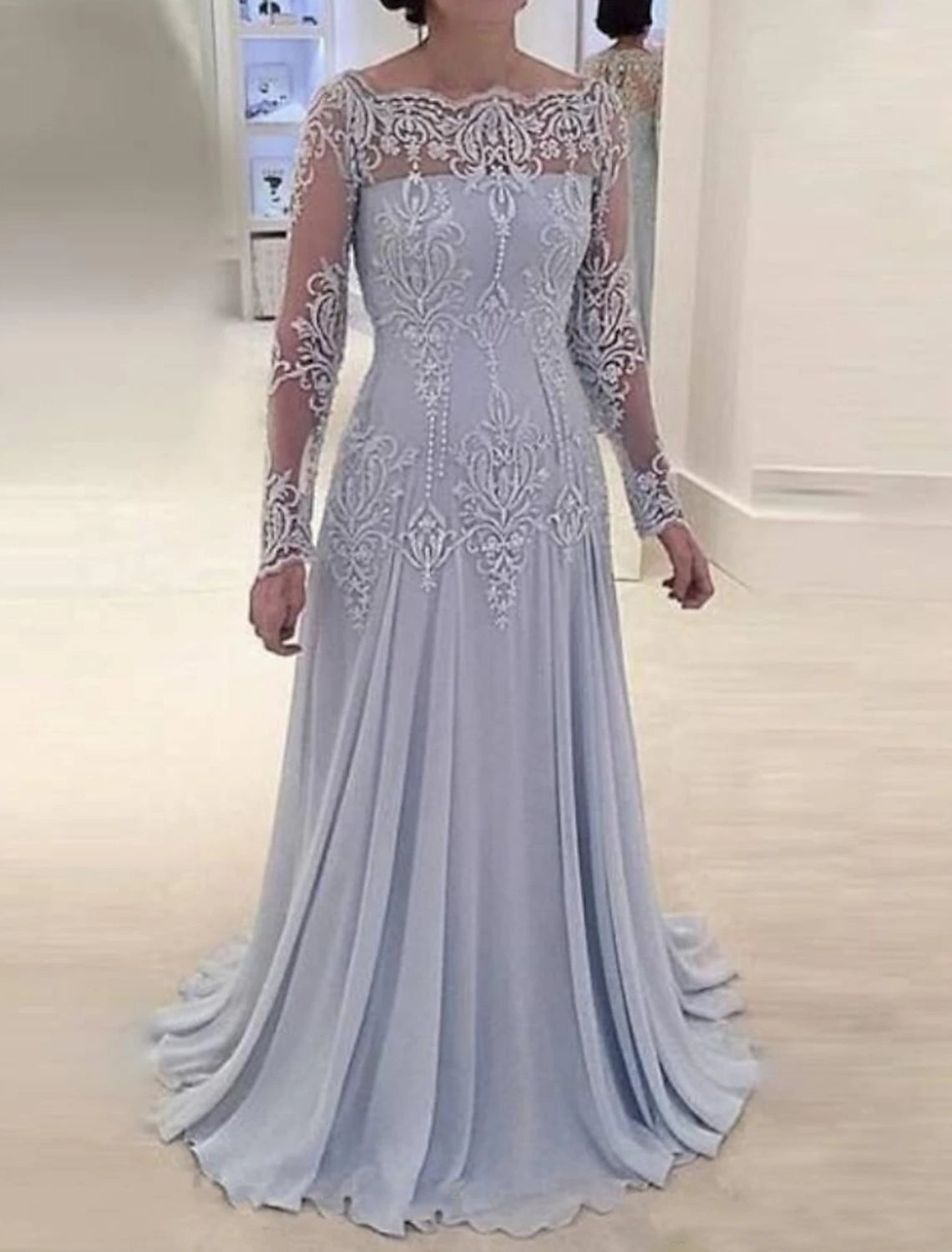 A-Line Mother of the Bride Dress Wedding Guest Elegant Scalloped Neckline Sweep / Brush Train Polyester Long Sleeve with Pleats Appliques