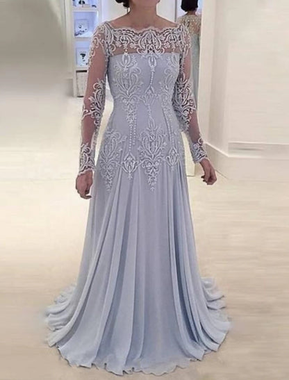 A-Line Mother of the Bride Dress Wedding Guest Elegant Scalloped Neckline Sweep / Brush Train Polyester Long Sleeve with Pleats Appliques