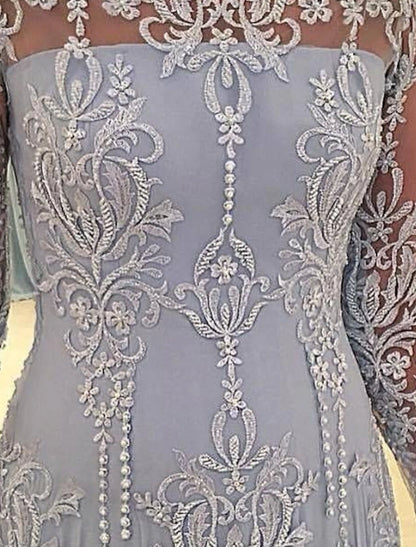 A-Line Mother of the Bride Dress Wedding Guest Elegant Scalloped Neckline Sweep / Brush Train Polyester Long Sleeve with Pleats Appliques