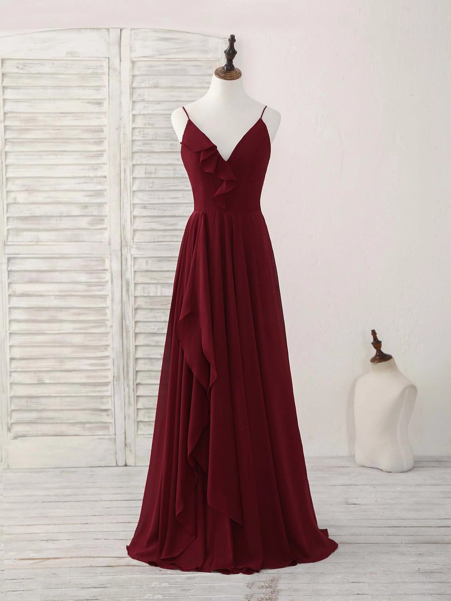 Burgundy V Neck Chiffon Long Prom Dress Bridesmaid Dress
