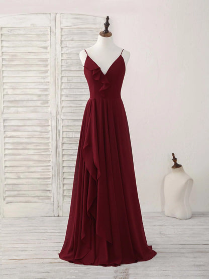 Burgundy V Neck Chiffon Long Prom Dress Bridesmaid Dress