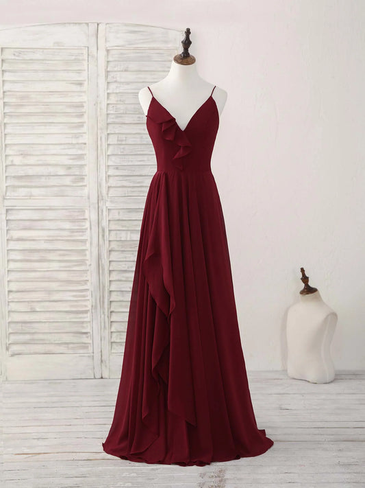 Burgundy V Neck Chiffon Long Prom Dress Bridesmaid Dress
