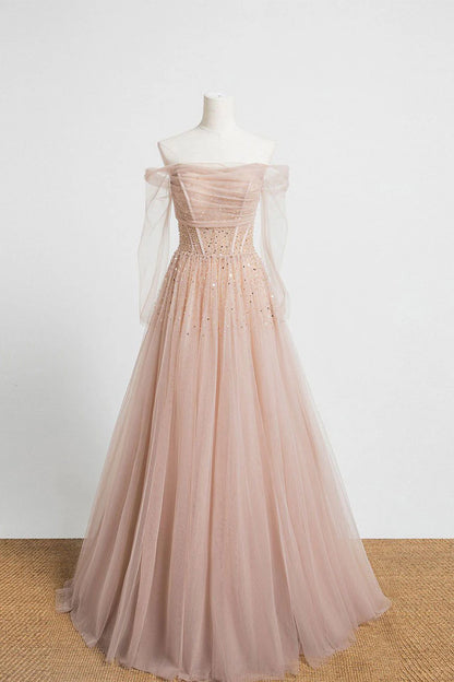 Champagne tulle sequin long prom dress champagne tulle formal prom dress