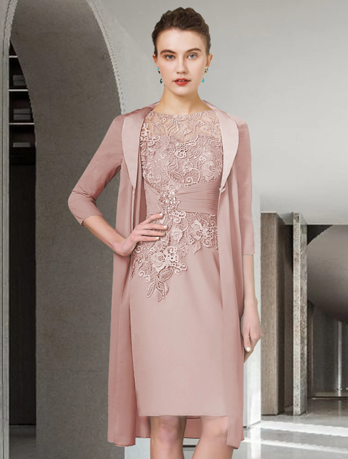 Two Piece Sheath / Column Mother of the Bride Dress Wedding Guest Church Elegant Plus Size Jewel Neck Knee Length Chiffon Lace Half Sleeve Wrap Included Jacket Dresses with Ruched Appliques